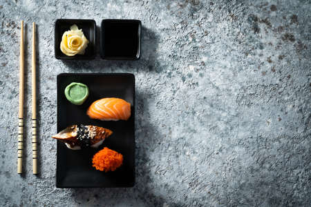 Selection of sushi on rustic background, copy spaceの写真素材