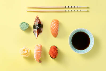 Creative food concept - selection of sushi, color blockingの写真素材