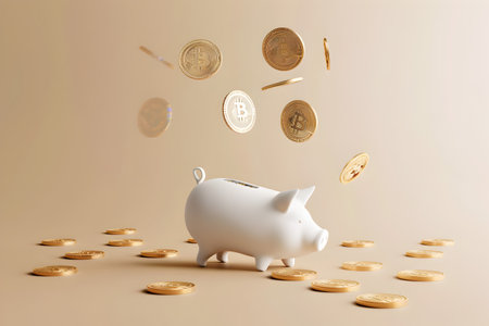 Crypto currency concept - white pig shaped moneybox flying with bitcoinsの素材