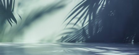 Advertising background with soft palm tree shadows. Wall and tabletop are the same delicate, light colorの素材