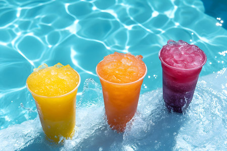 Summer concept - selection of colorful slushie drinks by the pool, vacation vibeの素材
