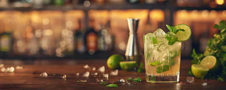 Mojito cocktail and ingredients with bar backgroundの素材