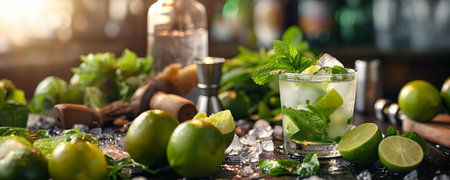 Mojito cocktail and ingredients with bar backgroundの素材