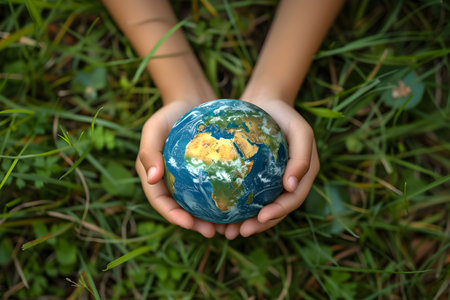 The earth day concept - childs hands holding the earth ballの素材