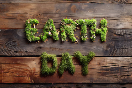 The earth day concept - letters made of moss on rustic wood background, top viewの素材