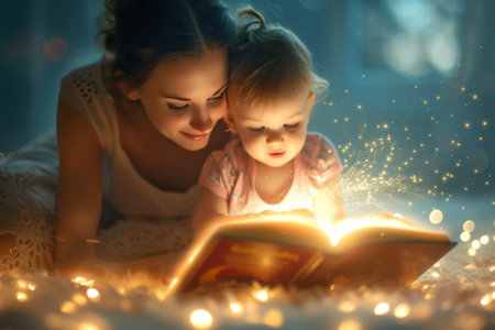 Bedtime, mother reads book to her child, night lightsの素材