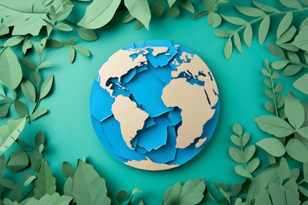 The earth day concept - the earth ball with plants and florals, in style of paper cutout art, top viewの素材