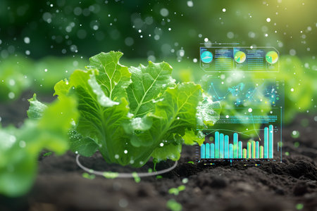 Technology in argiculture concept - young sprout in black soil, infographicsの素材