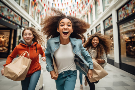 Diverse group of teenagers hold huge credit cardの素材