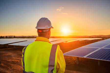 Renewable energy concept - male in orange vest near solar pannelの素材