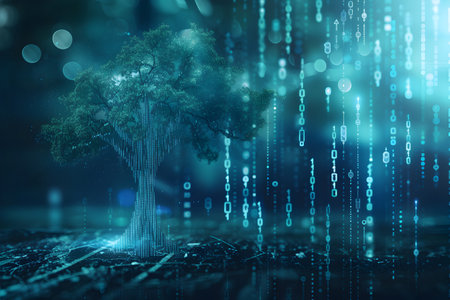 Fintech concept - a tree whose trunk and branches are made of rising financial graphs and currency symbolsの素材