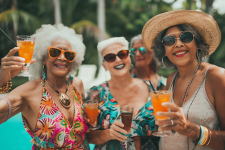 Diverse group of seniors enjoys party by the poolの素材