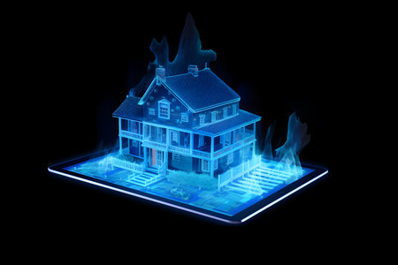 Construction concept - blue hologram on tabletの素材