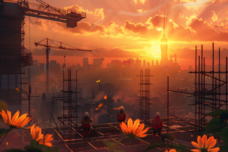 Construction concept - construction site with cranesの素材