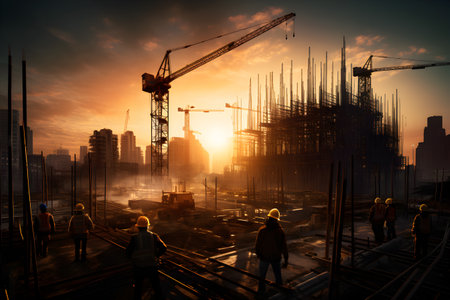 Construction concept - construction site with cranesの素材