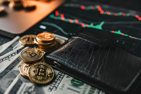 Crypto currency concept - bitcoin, wallet, dollars, financial charts in backgroundの素材