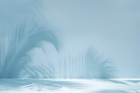 Advertising background with soft palm tree shadows. Wall and tabletop are the same delicate, light colorの素材