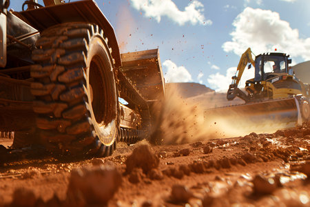 Construction concept - road building machines, low angle viewの素材