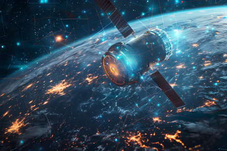 Space concept - telecom communication satellite orbiting around the globeの素材