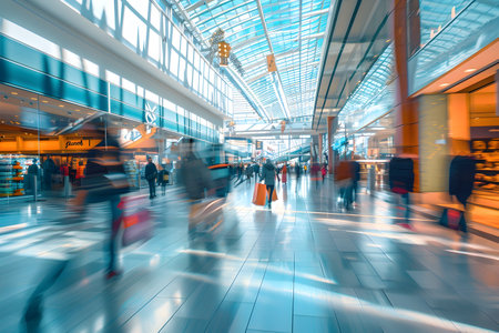 Long exposure shot of airport or railway station, blured people with suitcasesの素材
