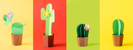 Cinco de Mayo concept - collage of four different paper cactus on solid color backgruondの写真素材