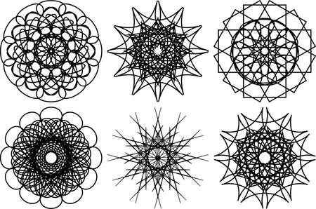 Set of six spirograph circular shapes. Design elements isolated on white background. Flowers and snowflakes. Vectorのイラスト素材