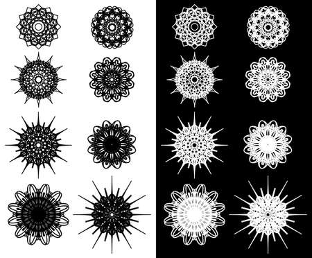 Set of eight decorative spirograph symbols. Round design elements isolated on white and black background. Kaleidoscope icons, flowers, stars and snowflakes. Vectorのイラスト素材