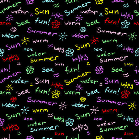 Colorful seamless background with handwritten words and doodles: summer, sun, fun and others. Cute contrasting multicolored pattern. For websites, posters, banners, cards. Vectorのイラスト素材