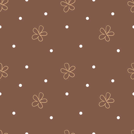 Brown seamless background with beige flowers and white dots. Cute floral pattern. Repeating vector backgroundのイラスト素材