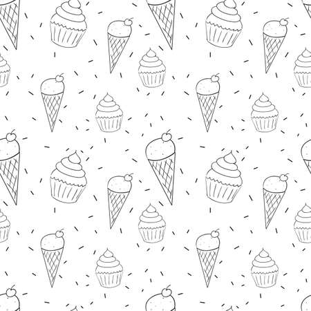 Seamless black and white pattern with ice cream cones and cupcakes doodles. Repeating vector backgroundのイラスト素材