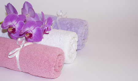 Beautiful Orchid on colored rolled towels on white background closeupの写真素材