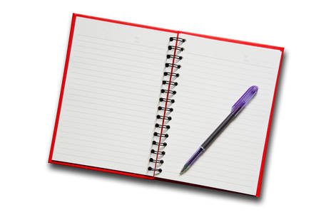 red notebook and pen  on white backgroundの写真素材