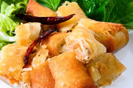 crispy spring rolls on dish with vegetable