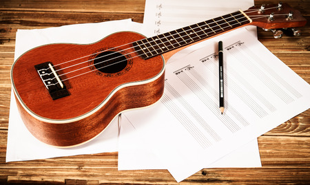 Ukulele and musical  paper notesの写真素材