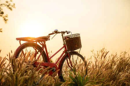 beautiful landscape image with Bicycle  at sunsetの写真素材