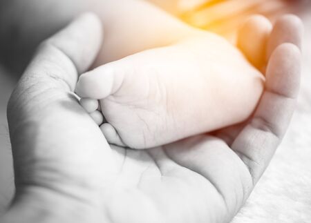 newborn baby feet on male hand in vintage filter styleの写真素材