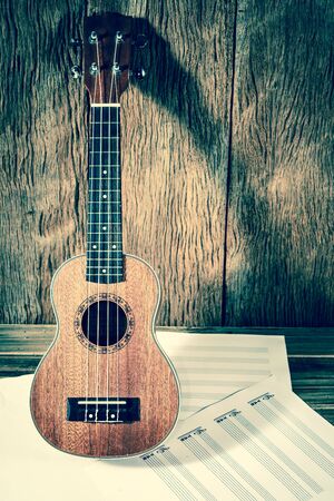 Ukulele and musical  paper notes ; vintage filtered styleの写真素材