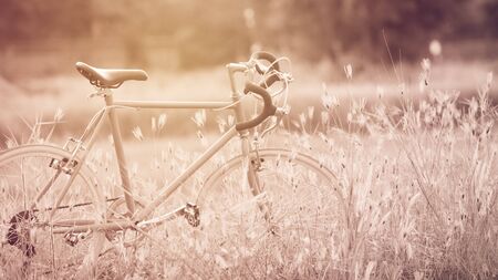 beautiful landscape image with sport vintage Bicycle at sunset ; vintage filter styleの写真素材