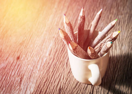 color pencil made of branches in coffee cupの写真素材