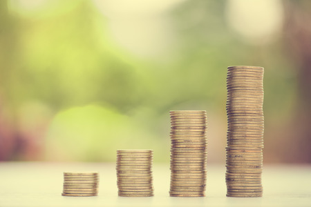 Finance and Money concept, Money coin stack growing graph with sunlight,investmentの写真素材