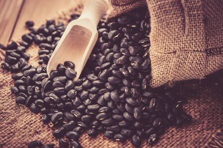 Vigna mungo or black beans with wooden spoonの写真素材