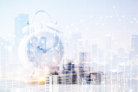 Double exposure of city and rows of coins for finance and banking concept,Business Finance and Money...