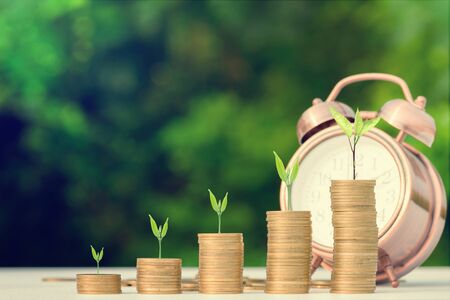 Finance and Money concept, Money coin stack growing graph with alarm clock,investment