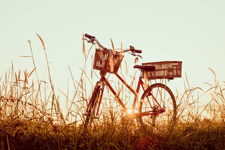 beautiful landscape image with vintage Bicycle at sunsetの写真素材