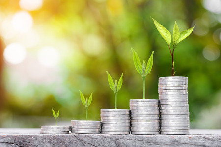 Close up of stacking gold coins with green bokeh background ,Business Finance and Money concept,Save money for prepare in the future.tree growing on coinの写真素材