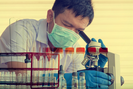 Chemist is analyzing sample in laboratory , using microscope.の写真素材