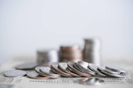 close up of rows coins for finance and banking conceptの写真素材