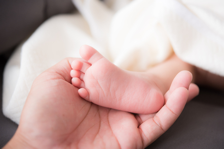 newborn baby feet on male handの写真素材