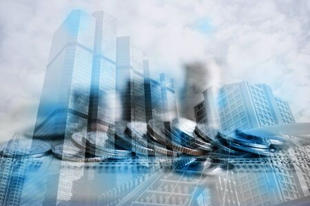 Double exposure of coins and city background for finance and banking conceptの写真素材