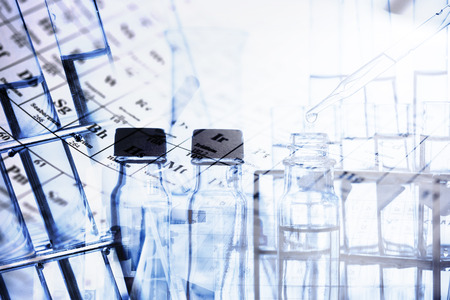 Laboratory glassware containing chemical liquid, science research,science backgroundの写真素材